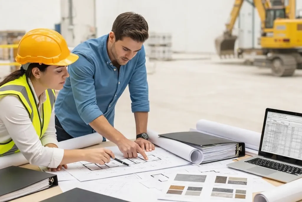 Deux personnes discutent des plans de construction.